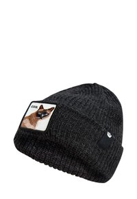 Berretto lavorato a maglia grigio scuro con una toppa piatta che raffigura un gatto siamese e la parola "COOL". Tessuto texture con una vestibilità aderente.