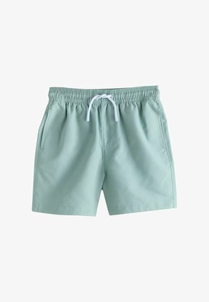 Shorts de bain vert clair avec taille élastique et cordon de serrage blanc, dotés de poches latérales et d'une coupe droite.