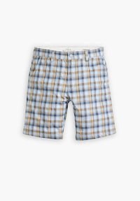 Plaid shorts in light blue, white, and brown tones; features a front button closure and two side pockets; lightweight fabric.