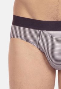 Gestreifte Unterhose aus weichem Stoff; verfügt über einen einfarbigen dunklen Bund mit Logo und ein enges Design mit glatter Textur und elastischem Stretch.