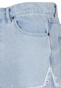 Light blue denim shorts with frayed hem, front pocket, and stitching details. The fabric features a classic jeans texture.