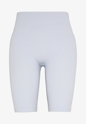 Short de cyclisme sans couture, taille haute, côtelé, gris clair, présenté de face sur un fond blanc uni. Aucun logo ou motif visible.