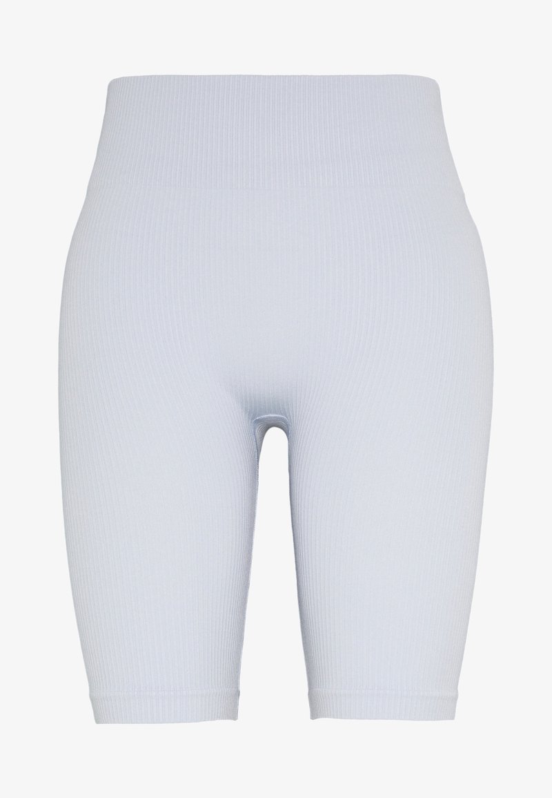 Short de cyclisme sans couture, taille haute, côtelé, gris clair, présenté de face sur un fond blanc uni. Aucun logo ou motif visible.