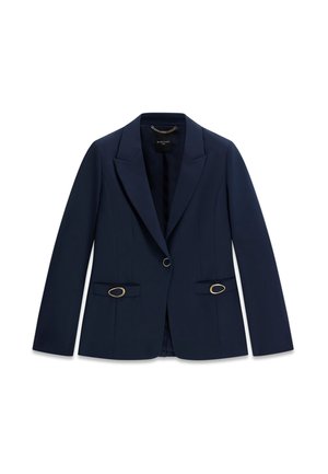 Blazer bleu marine ajusté avec revers crantés, fermeture à bouton unique et deux poches à rabat avant ornées d'accents ovale dorés.