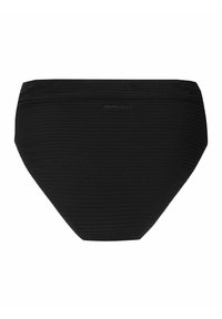 Čierne bikiny s dnom, ktoré majú textúrovanú látku s jemným ryhovaným vzorom. Dizajn je stredne vysoký s klasikým strihom.