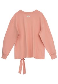 Różowy długi rękaw bluza z miękkiego materiału, z okrągłym dekoltem, ściągaczami przy mankietach i związanym detalem na dole.