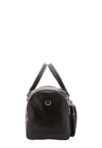 Borsa a tracolla in pelle nera con una silhouette arrotondata, doppi manici superiori, tasca frontale con zip e dettagli in metallo silver. Texture liscia complessiva.