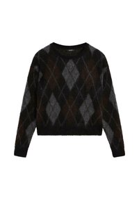 Maglione a motivi argyle in nero e grigio, realizzato in tessuto morbido, con scollo tondo e vestibilità corta, che mette in mostra una trama pelosa.