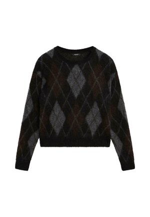 Pull en argyle noir et gris, fabriqué en tissu doux, avec un col rond et une coupe cropped, mettant en valeur une texture duveteuse.