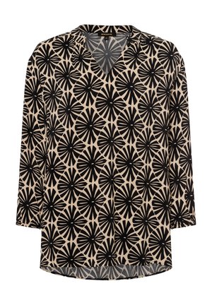 Zwarte en beige gestreepte blouse met een V-hals, driekwartmouwen en een abstract bloemenontwerp dat de stof gelijkmatig bedekt.