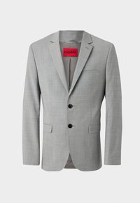 Gray blazer made of textured fabric, featuring two black buttons, a single chest pocket, and a red inner label with “HUGO.”
