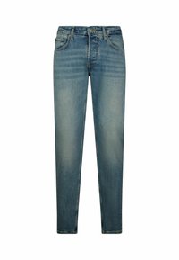 Pantalones vaqueros de mezclilla azul claro con un diseño de pierna recta, estilo clásico de cinco bolsillos, costuras contrastadas y cierre de cremallera.