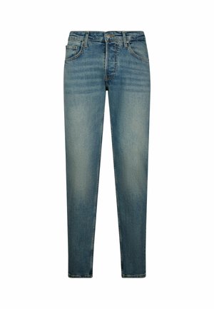 Pantalones vaqueros de mezclilla azul claro con un diseño de pierna recta, estilo clásico de cinco bolsillos, costuras contrastadas y cierre de cremallera.