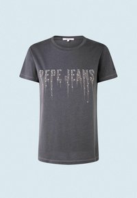 Gray t-shirt made of cotton with short sleeves, featuring a rhinestone logo "PEPE JEANS" in a dripping design across the front.