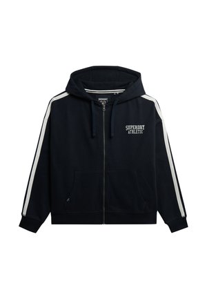 Marineblauwe zip-up hoodie met witte strepen op de mouwen, voorkiezen, een capuchon met koord en het "Superdry Athletic" logo op de borst.