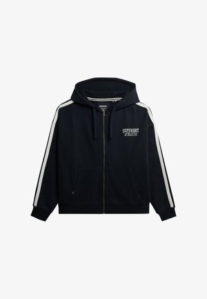 Marineblauwe zip-up hoodie met witte strepen op de mouwen, voorkiezen, een capuchon met koord en het "Superdry Athletic" logo op de borst.