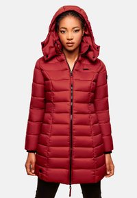 Red padded long coat with a hood, zip closure, and side pockets. Features horizontal quilted design and black hardware accents.