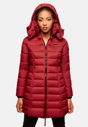 Red padded long coat with a hood, zip closure, and side pockets. Features horizontal quilted design and black hardware accents.