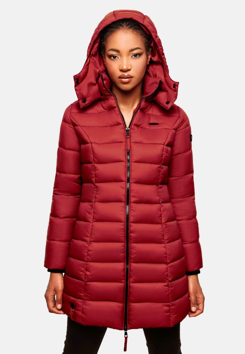 Red padded long coat with a hood, zip closure, and side pockets. Features horizontal quilted design and black hardware accents.