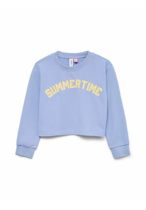 Light blue cropped sweatshirt with long sleeves and yellow "SUMMERTIME" text in an arch on the chest.