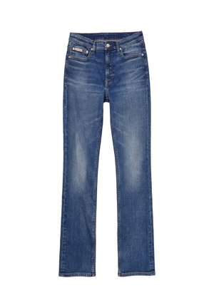 Blaue Jeans aus Denim mit geradem Bein, Frontknopf und Reißverschluss, fünf Taschen und leicht ausgewaschenen Details an Oberschenkeln und Knien.