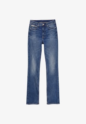 Blaue Jeans aus Denim mit geradem Bein, Frontknopf und Reißverschluss, fünf Taschen und leicht ausgewaschenen Details an Oberschenkeln und Knien.