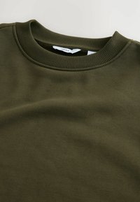 Olivengrøn sweatshirt med ribbet halsudskæring, lavet af blødt stof. Glat tekstur, uden synlige mønstre eller hardware detaljer.