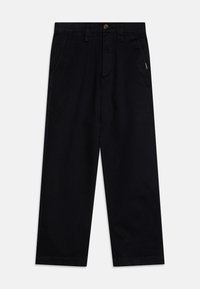Black trousers made of cotton with a straight leg design. Features a button closure, side pockets, and minimal branding detail.