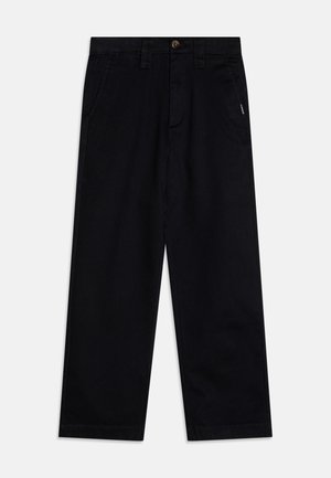Pantaloni negri din bumbac cu un design cu picior dre flat. Dispun de o închidere cu nasture, buzunare laterale și un detaliu de branding minim.