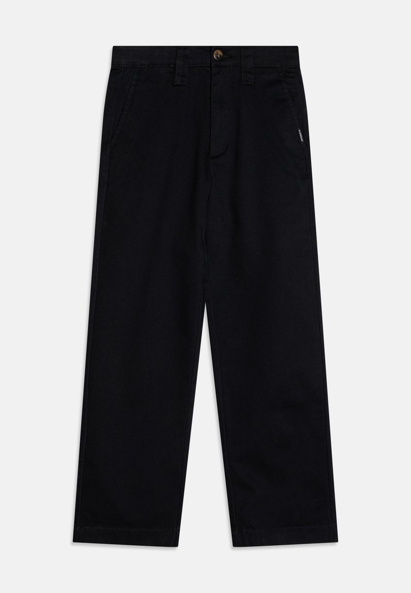 Black trousers made of cotton with a straight leg design. Features a button closure, side pockets, and minimal branding detail.