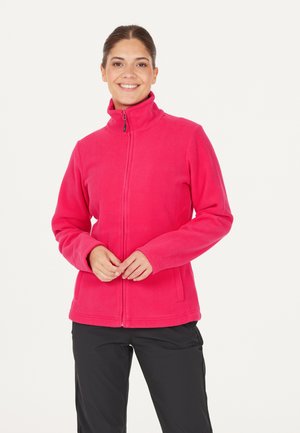 Fleecejacka i klar rosa med hög krage, hel dragkedja fram och två sidofickor, med en mjuk textur och utan synliga mönster.