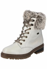 Bottes montantes en cuir blanc avec col en fausse fourrure, semelle en caoutchouc marron et surpiqûres contrastantes. Dotées d'œillets métalliques et de lacets tressés.