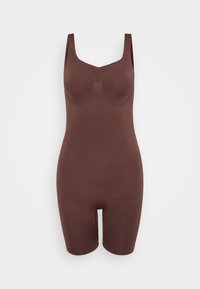 Rudas bodysuit'as su apvaliu iškirpimu, plačiomis petnešomis ir prigludusia forma. Pagamintas iš glotnaus, lanksčio audinio su šortų stiliaus apačia.