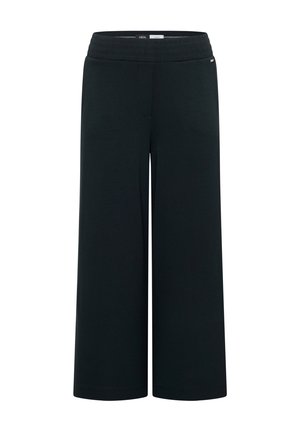 Pantalon noir à jambes larges avec une ceinture élastique et un devant lisse, présenté sur fond blanc.