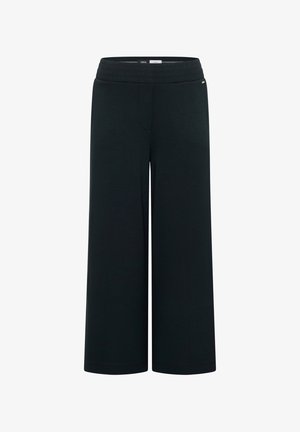 Pantalon noir à jambes larges avec une ceinture élastique et un devant lisse, présenté sur fond blanc.
