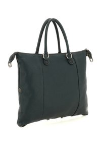 Borsa tote in pelle nera a grana con due manici arrotondati, chiusura superiore con cerniera, ferramenta argentata e base piatta. Design complessivo rettangolare.
