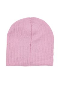 Gorro de lana rosa tejido con una textura suave, con una parte superior redondeada y un patrón de canalé sutil. Sin logotipos ni acentos visibles.