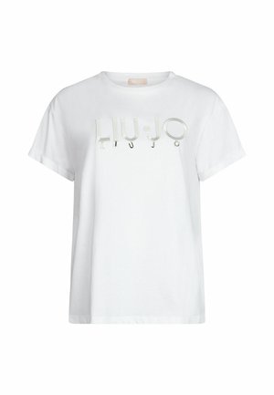 Camiseta de algodón blanca con mangas cortas y cuello redondo, con un logo en relieve plateado "LIU JO" en la parte frontal.