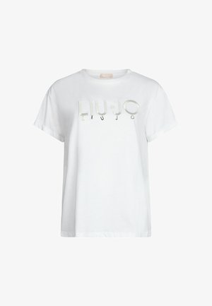 T-shirt en coton blanc avec des manches courtes et un col rond, arborant un logo "LIU JO" en relief argenté sur le devant.
