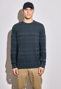 Dark blue knit sweater with textured stripes, crew neckline, and long sleeves, paired with beige pants. The fabric appears smooth and fitted.