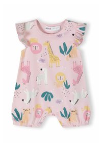 Romper de algodón rosa con un estampado de animales caprichoso que incluye jirafas, cebras y leones, acentuado con mangas con volantes y cierre a presión en la parte inferior.