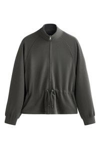 Jachetă gri cu fermoar, guler înalt, mâneci raglan, material texturat, șnur ajustabil la talie și manșete ribbate.