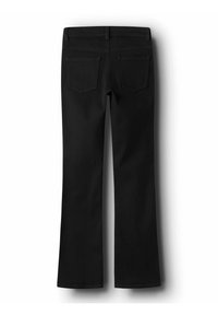 Schwarze Schlagjeans mit glatter Textur, fünf Taschen und kontrastierenden Nähten. Die Rückseite verfügt über zwei schräg angeordnete Aufsatztaschen.