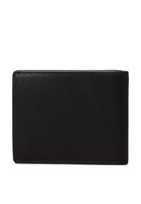 Portefeuille en cuir noir avec une texture lisse, design pliable en deux, et des coutures détaillées le long des bords. Forme rectangulaire compacte.