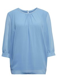 Helles blaues Bluse mit Dreiviertelärmeln, geplissem Vorderteil und dekorativen Nieten um den Kragen und die Ärmelbündchen. Transparenter Stoff.