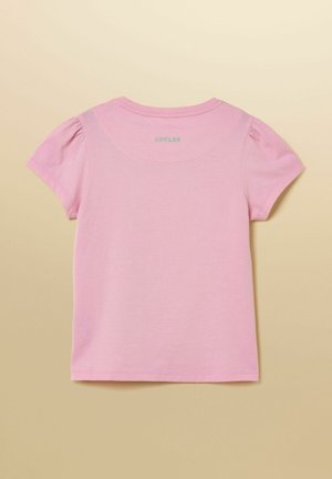 Hellrosa Kinder-T-Shirt mit kurzen Ärmeln, feinen Raffung an den Ärmeln und kleinem "JOULES"-Logo in der Mitte des oberen Rückens.