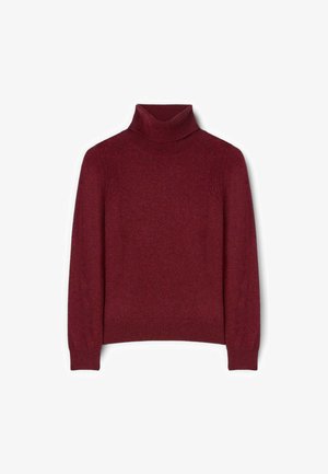 Suéter burdeos de cuello alto hecho de un material de punto suave, con puños y dobladillo acanalados, y un sutil detalle en los hombros.