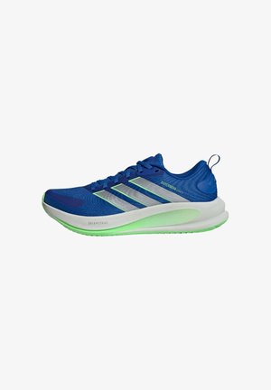 Blue athletic shoes with a mesh upper, silver stripes, and a cushioned green outsole. Features a pull tab at the heel for easy wear.