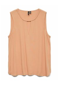 Blusa senza maniche color pesca con scollatura rotonda intrecciata, apertura a chiave frontale e un tessuto morbido e liscio. L'orlo è leggermente curvato.