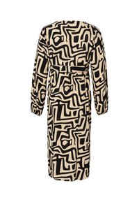 Langdraagjurk in beige met zwart abstract patroon. Heeft een getailleerde taille en een rechte snit, ontworpen met een ronde halslijn en geplooide mouwen.